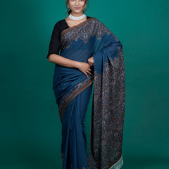Navy Blue Ethnic Printed Cotton Tasselled Saree