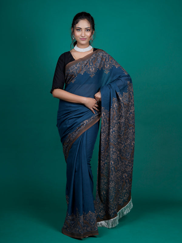 Navy Blue Ethnic Printed Cotton Tasselled Saree