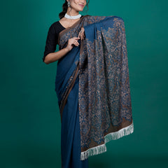 Navy Blue Ethnic Printed Cotton Tasselled Saree