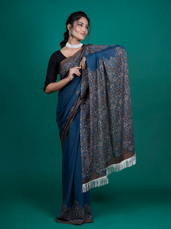 Navy Blue Ethnic Printed Cotton Tasselled Saree