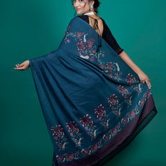 Navy Blue Floral Printed Cotton Saree for Women
