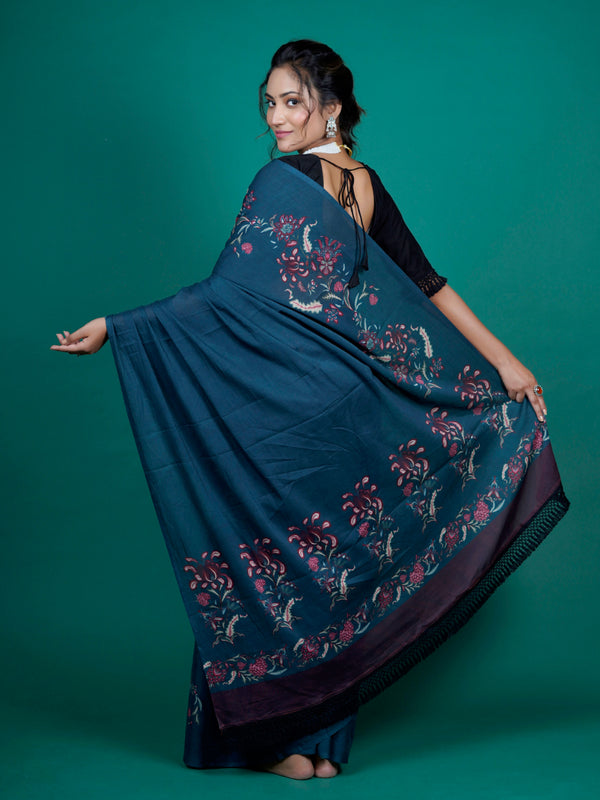 Navy Blue Floral Printed Cotton Saree for Women