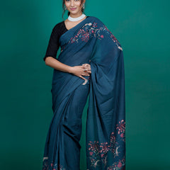 Navy Blue Floral Printed Cotton Saree for Women