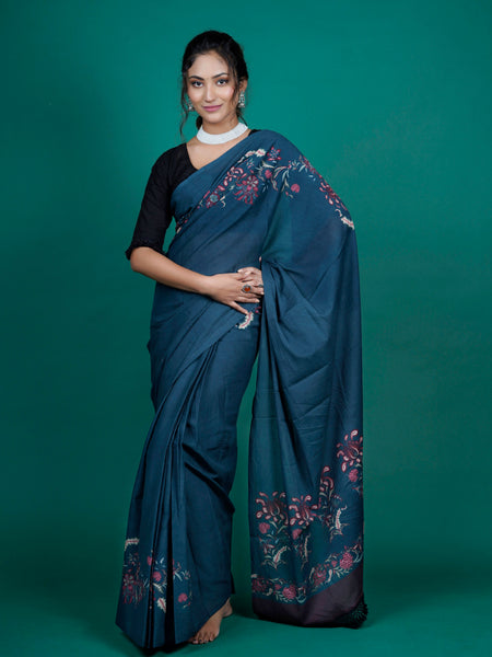 Navy Blue Floral Printed Cotton Saree for Women