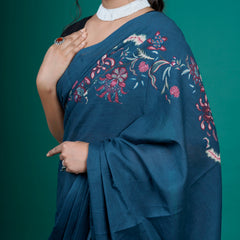 Navy Blue Floral Printed Cotton Saree for Women