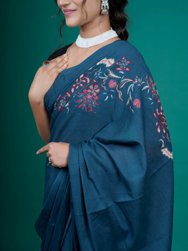 Navy Blue Floral Printed Cotton Saree for Women