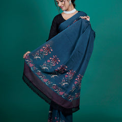 Navy Blue Floral Printed Cotton Saree for Women
