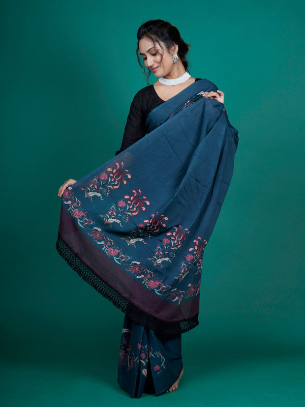 Navy Blue Floral Printed Cotton Saree for Women