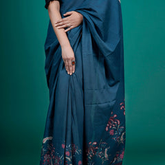 Navy Blue Floral Printed Cotton Saree for Women