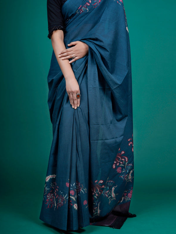 Navy Blue Floral Printed Cotton Saree for Women
