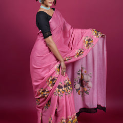 Pink Floral Printed Pure Cotton Saree for Women