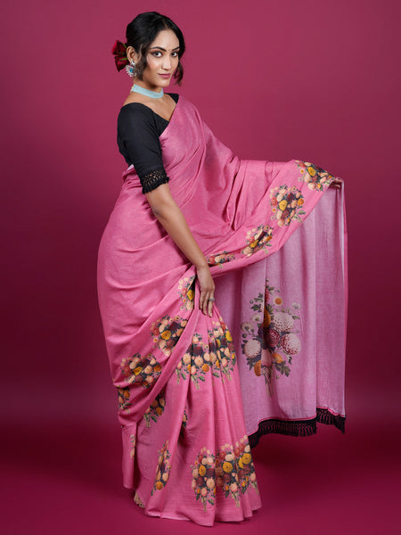 Pink Floral Printed Pure Cotton Saree for Women