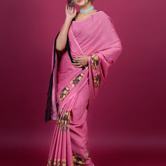 Pink Floral Printed Pure Cotton Saree for Women