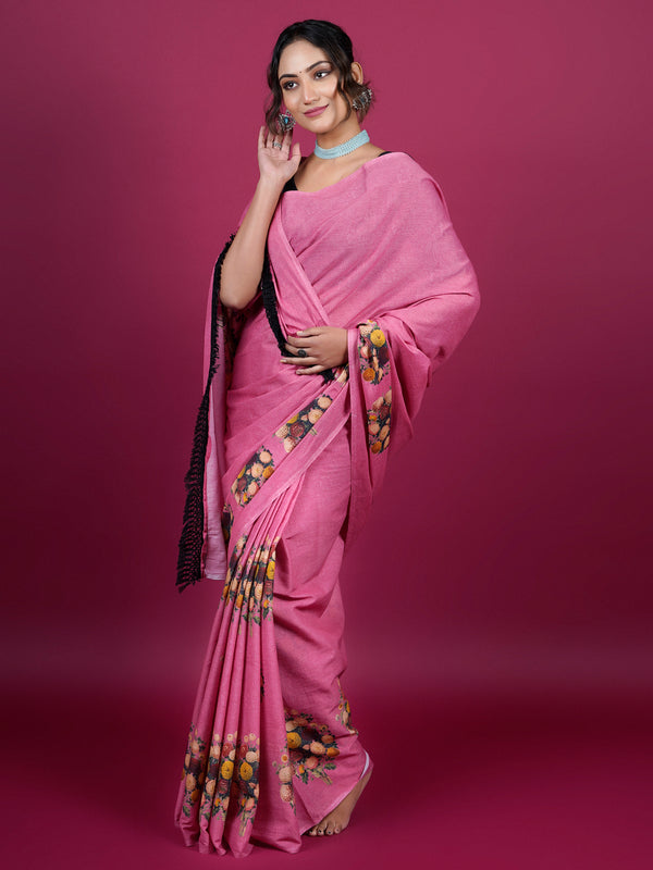 Pink Floral Printed Pure Cotton Saree for Women