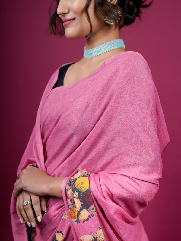 Pink Floral Printed Pure Cotton Saree for Women