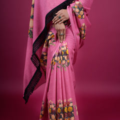 Pink Floral Printed Pure Cotton Saree for Women