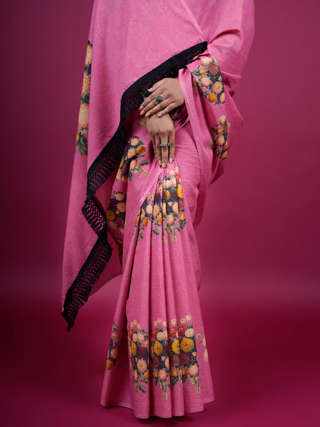 Pink Floral Printed Pure Cotton Saree for Women
