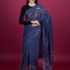 Navy Blue Floral Printed Cotton Saree for Women