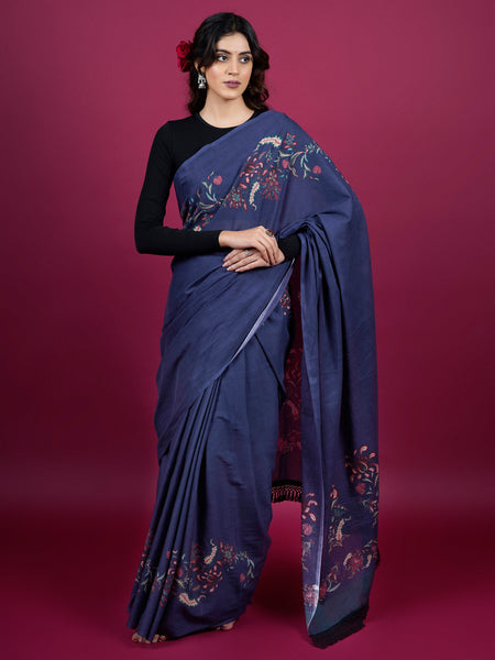 Navy Blue Floral Printed Cotton Saree for Women