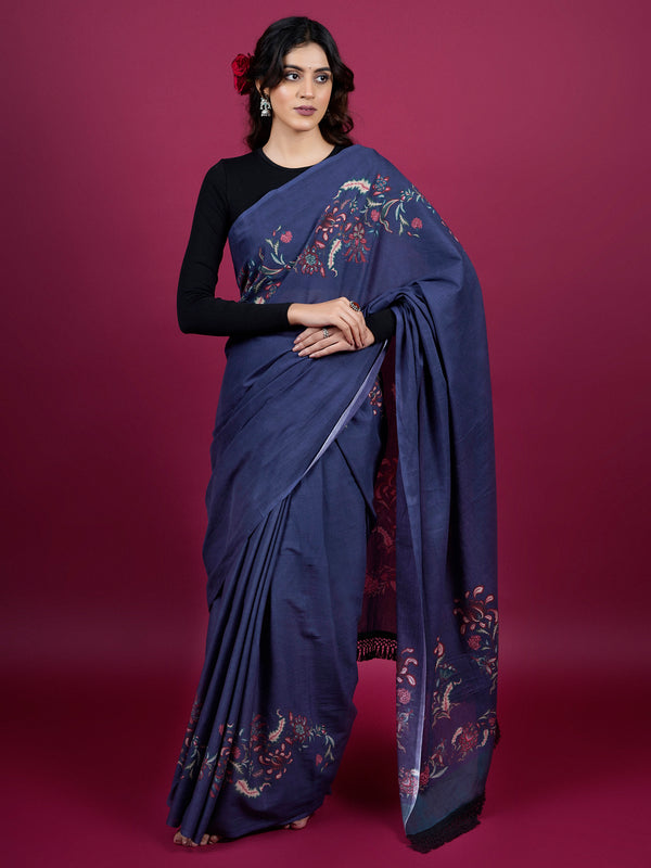 Navy Blue Floral Printed Cotton Saree for Women