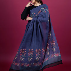 Navy Blue Floral Printed Cotton Saree for Women