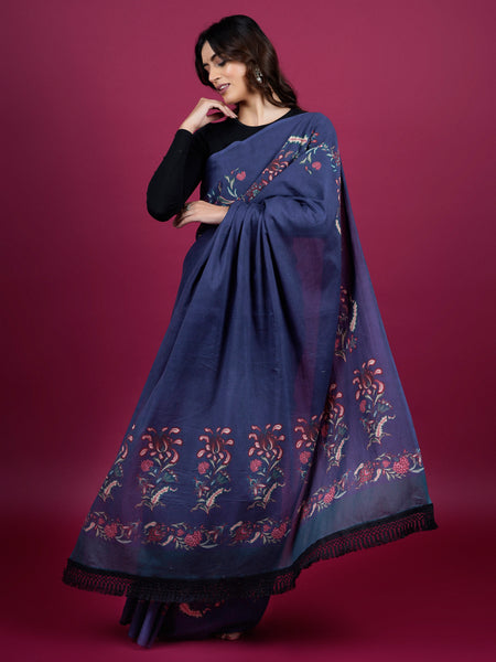 Navy Blue Floral Printed Cotton Saree for Women