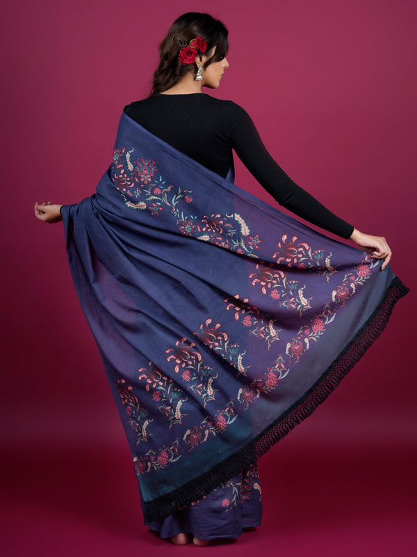 Navy Blue Floral Printed Cotton Saree for Women