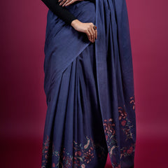 Navy Blue Floral Printed Cotton Saree for Women