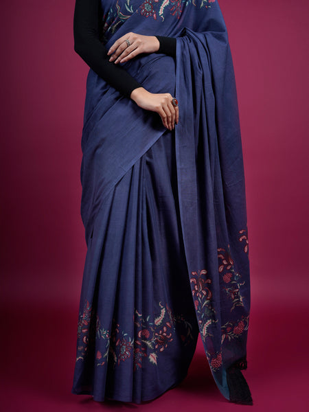 Navy Blue Floral Printed Cotton Saree for Women