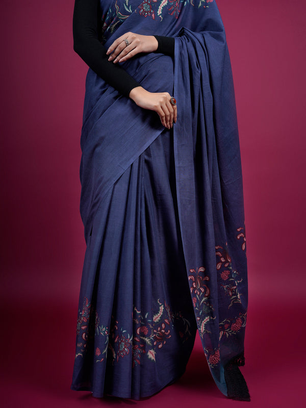Navy Blue Floral Printed Cotton Saree for Women