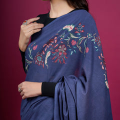 Navy Blue Floral Printed Cotton Saree for Women