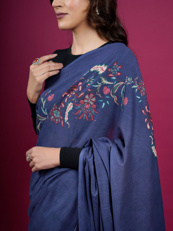 Navy Blue Floral Printed Cotton Saree for Women
