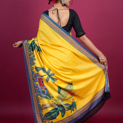 Yellow Botanical Printed Cotton Saree for Women