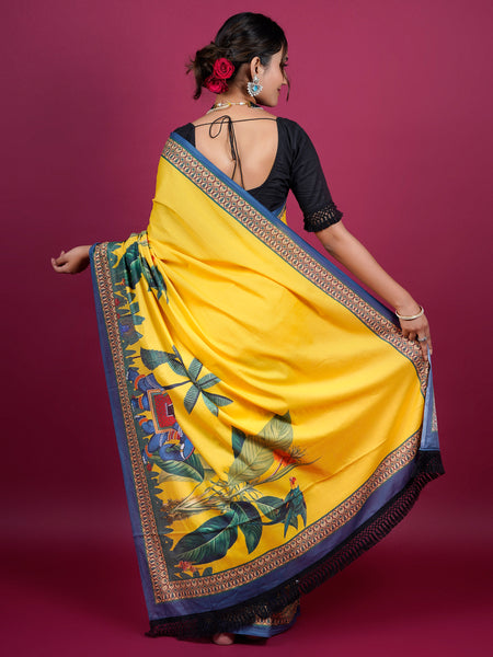 Yellow Botanical Printed Cotton Saree for Women
