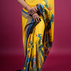 Yellow Botanical Printed Cotton Saree for Women