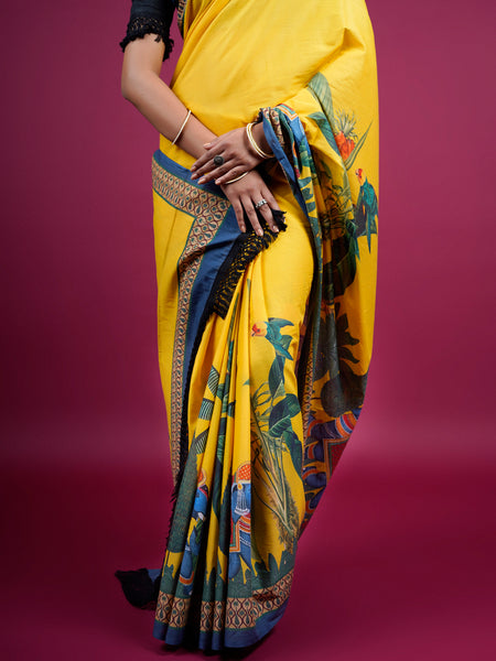 Yellow Botanical Printed Cotton Saree for Women