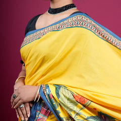 Yellow Botanical Printed Cotton Saree for Women