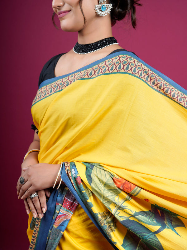 Yellow Botanical Printed Cotton Saree for Women