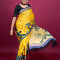 Yellow Botanical Printed Cotton Saree for Women