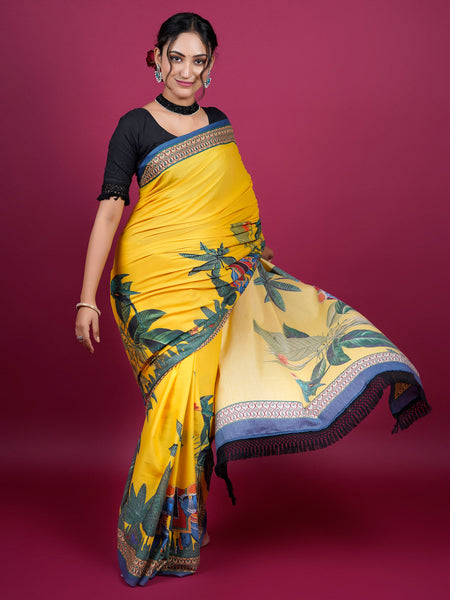 Yellow Botanical Printed Cotton Saree for Women
