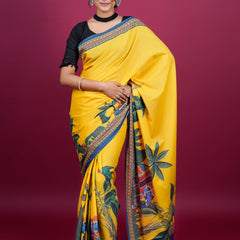 Yellow Botanical Printed Cotton Saree for Women