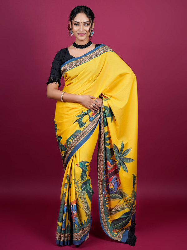 Yellow Botanical Printed Cotton Saree for Women