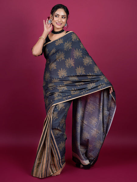 Black Floral Printed Pure Cotton Saree for Women