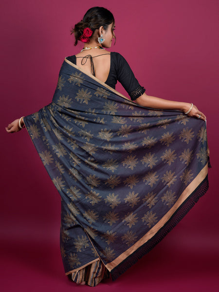 Black Floral Printed Pure Cotton Saree for Women
