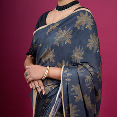 Black Floral Printed Pure Cotton Saree for Women