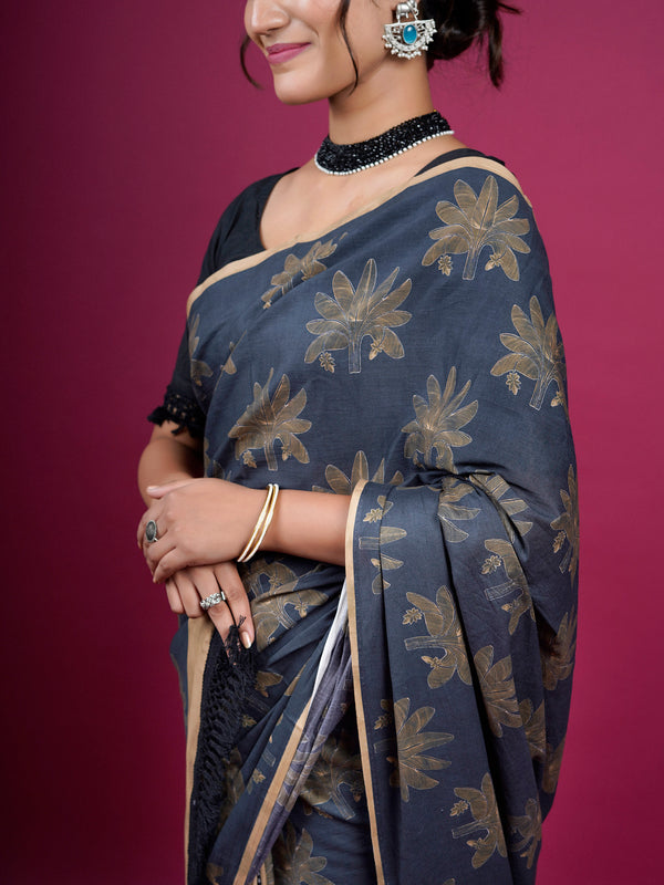 Black Floral Printed Pure Cotton Saree for Women