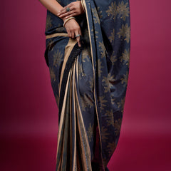 Black Floral Printed Pure Cotton Saree for Women