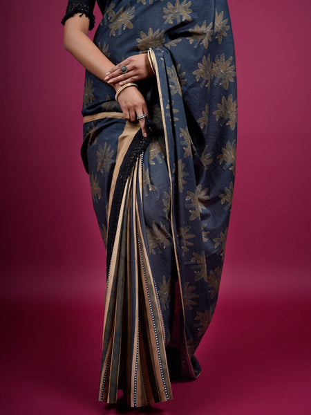 Black Floral Printed Pure Cotton Saree for Women