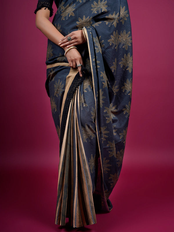 Black Floral Printed Pure Cotton Saree for Women