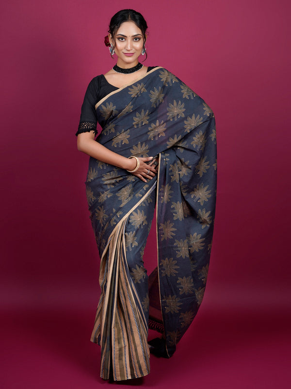 Black Floral Printed Pure Cotton Saree for Women